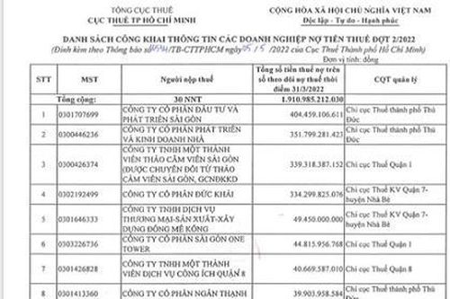 TPHCM: 30 doanh nghiệp nợ thuế 1.911 tỷ đồng