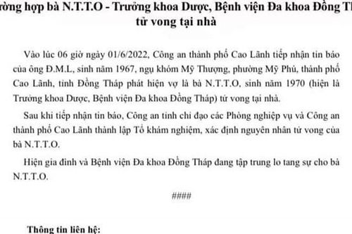 Nữ Trưởng khoa Dược, BV đa khoa Đồng Tháp tử vong tại nhà riêng