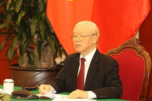 Hình ảnh Tổng Bí thư hội đàm trực tuyến với Tổng thống Mozambique
