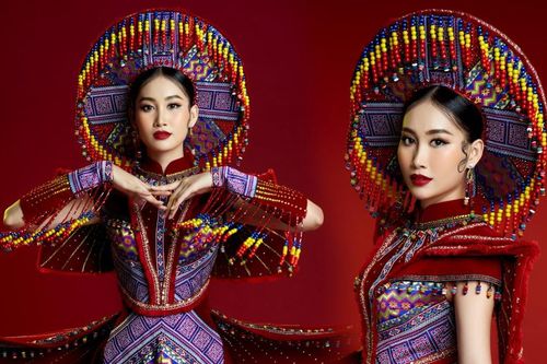 Trang phục dân tộc bằng thổ cẩm ấn tượng của đại diện Việt Nam tại Miss Global 2022