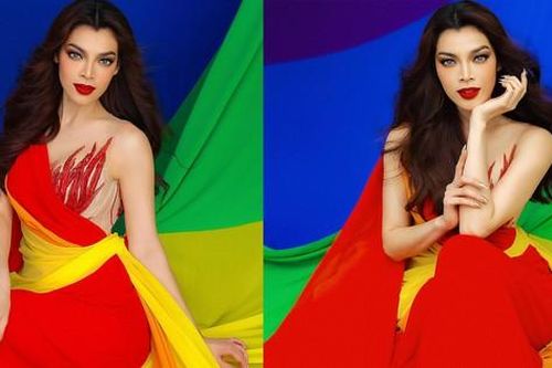 Trân Đài dùng cờ lục sắc làm váy dạ hội, mang niềm tự hào LGBT tới Hoa hậu chuyển giới quốc tế