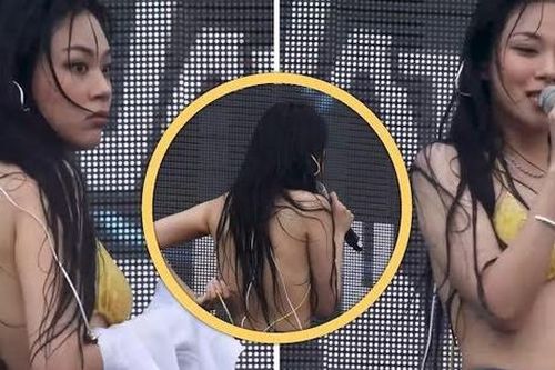 Nữ ca sĩ gặp sự cố tuột dây áo bikini trong lúc biểu diễn