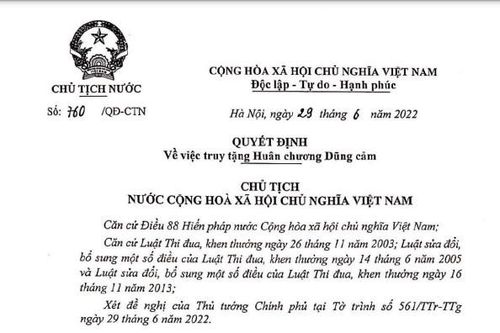 Truy tặng Huân chương Dũng cảm cho Thượng tá Bùi Văn Nhiên