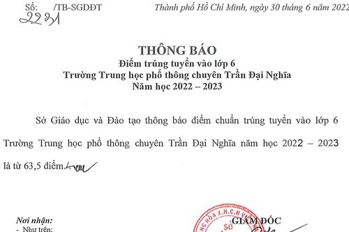 TP.HCM công bố điểm thi và điểm chuẩn vào lớp 6 Trường THPT chuyên Trần Đại Nghĩa