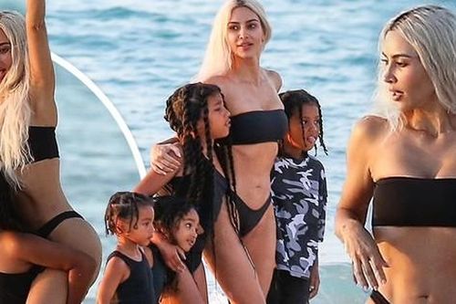 Kim Kardashian sexy hết nấc với bikini khi đi biển cùng 4 con