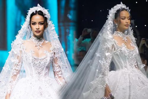Làm vedette hậu đăng quang, Ngọc Châu catwalk loạng choạng vì bộ váy cưới nặng 20 kg