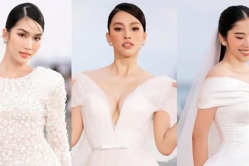 Nam Em diện váy cô dâu e ấp, khoe sắc bên Hoa hậu Tiểu Vy và Á hậu Phương Anh