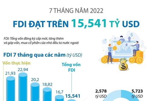 7 tháng năm 2022, FDI đạt trên 15,541 tỷ USD
