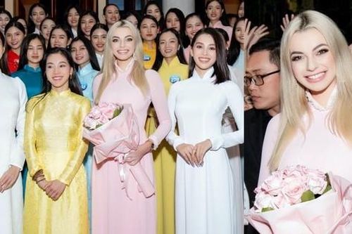 Miss World 2021 Karolina Bielawski mặc áo dài hồng, catwalk cùng Hoa hậu Lương Thùy Linh
