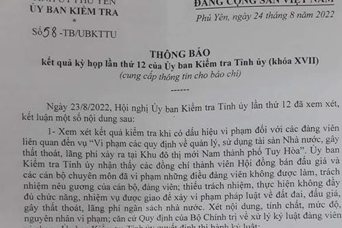 Kỷ luật đảng nhiều cán bộ liên quan vụ bán đấu giá 262 lô đất ở Phú Yên