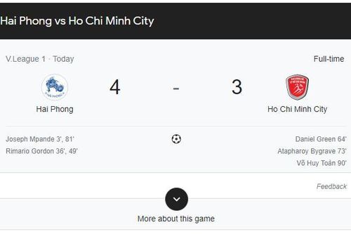 Hải Phòng thắng Câu lạc bộ Thành phố Hồ Chí Minh với tỷ số 4-3