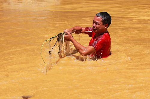 Bí thư xã ngụp lặn dưới nước lũ chảy xiết kéo rác thông cầu tràn
