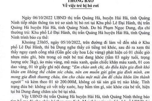 Xót xa bé trai sơ sinh bị bỏ rơi trong đêm và lá thư nhờ người nuôi giúp