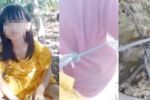 Cha dùng dây buộc 3 con vào cục đá, yêu cầu vợ gửi tiền
