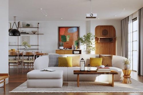 Cách bố trí nội thất bếp và phòng khách không gian mở đầy tiện nghi, nhiều ánh sáng