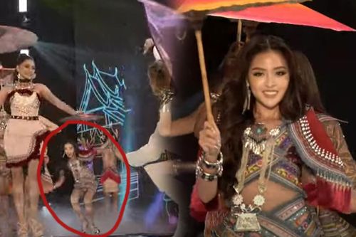 Trần Thanh Tâm té 'sấp mặt' trong đêm chung kết Miss Fabulous International
