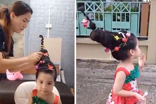 Người mẹ tạo kiểu tóc vui nhộn cho con đón Giáng sinh