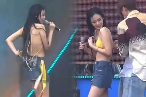Nữ ca sĩ bị bung hết dây áo khi diễn, phải nhờ nam trợ lý lên sân khấu cột lại