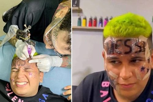 Chịu đau 'cắt da cắt thịt' xăm tên Messi lên trán, fan 'cuồng' vẫn bị dân mạng chỉ trích
