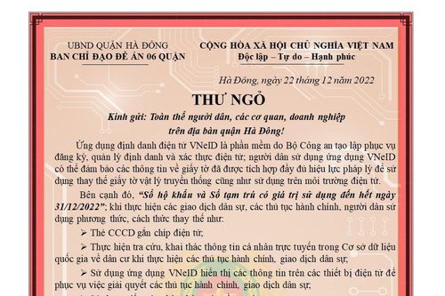Gửi hơn 10 vạn Thư ngỏ đến các hộ dân, đề nghị cài đặt, sử dụng ứng dụng VNeID