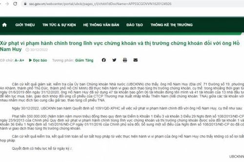 Sử dụng 47 tài khoản thao túng cổ phiếu TNA, ông Hồ Nam Huy bị xử phạt 550 triệu đồng