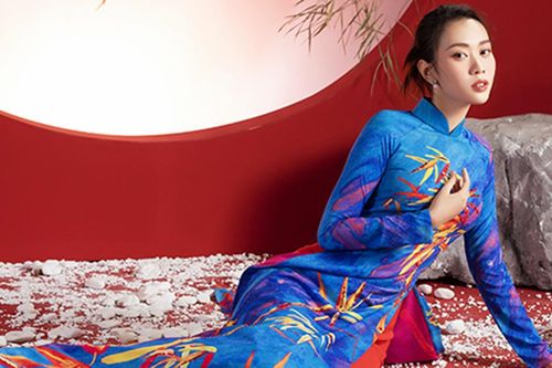 Hoa hậu Ban Mai nền nã áo dài họa tiết tre đón Tết