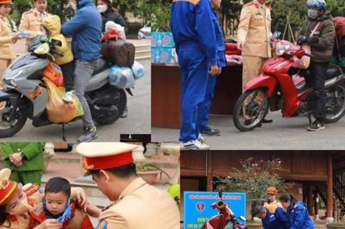Xúc động hình ảnh Công an tặng nước, áo ấm, thay dầu xe miễn phí cho người dân về quê đón Tết