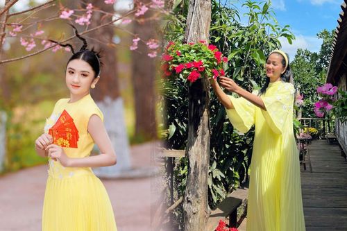Model kid Diễm Quỳnh đụng độ hoa hậu H'hen Niê trong tà áo dài đón Xuân vàng tươi