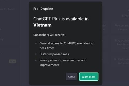 OpenAI hỗ trợ dịch vụ ChatGPT Plus tại Việt Nam với phí 20 USD/tháng