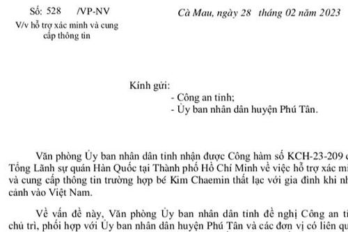 Cà Mau: Hỗ trợ tìm bé trai Hàn Quốc thất lạc từ 7 năm trước