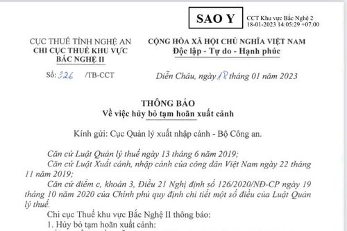 Thông báo hủy bỏ tạm hoãn xuất cảnh đối với 8 trường hợp ở Nghệ An