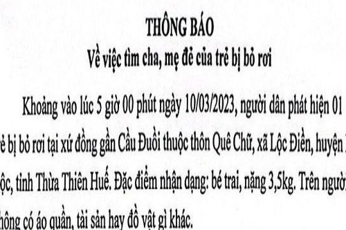 Thừa Thiên - Huế: Tìm người thân cho bé trai bị bỏ rơi
