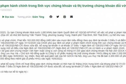 Bán chui 2,2 triệu cổ phiếu HHG, Chủ tịch Lưu Huy Hà bị xử phạt