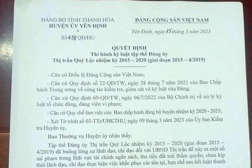 Thi hành kỷ luật tập thể Đảng ủy thị trấn Quý Lộc và 3 cá nhân sai phạm