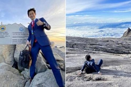 Mặc comple, đi giày da, người đàn ông chinh phục đỉnh núi cao 4.095m