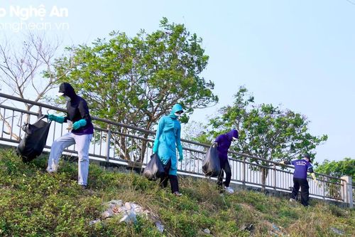 Những bạn trẻ 'đội nắng' gom rác trên đê Hưng Hòa (TP. Vinh)