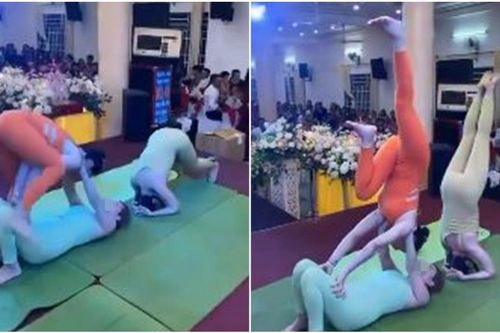 Góc khó hiểu: 3 cô gái mặc đồ bó sát biểu diễn yoga góp vui ở đám cưới, quan khách phản ứng gây chú ý