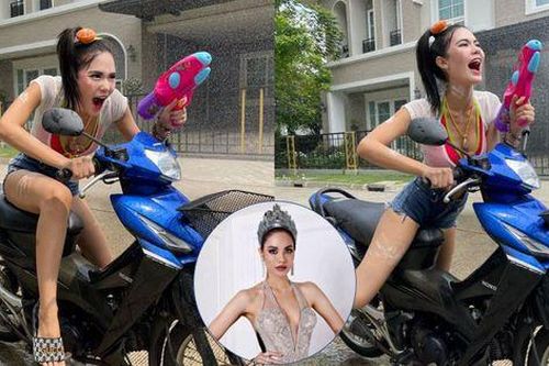 Nhận không ra Hoa hậu Hoàn vũ Thái Lan khi lên đồ đi 'quẩy' Songkran bằng xe máy