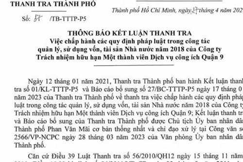 Kiểm điểm Công ty Dịch vụ công ích quận 9 vì chiếm dụng vốn hơn 61 tỷ đồng