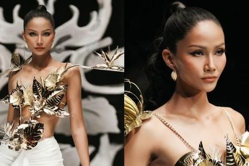 Hoa hậu H'Hen Niê diện thiết kế mạ vàng sải bước kiêu hãnh trong show thời trang