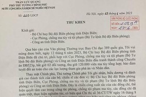 Phó thủ tướng Chính phủ Trần Lưu Quang gửi thư khen Bộ Chỉ huy Bộ đội Biên phòng tỉnh Điện Biên; Cục Phòng, chống ma túy và tội phạm (Bộ tư lệnh Bộ đội Biên phòng); Công an tỉnh Điện Biên