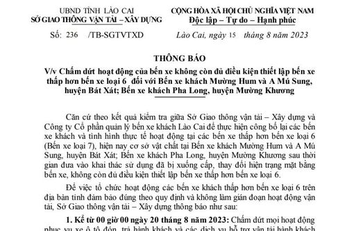 Dừng hoạt động của 3 bến xe không đủ điều kiện thiết lập bến xe thấp hơn bến xe loại 6