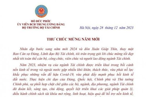 Bộ trưởng Bộ Tài chính Hồ Đức Phớc gửi thư chúc mừng năm mới 2024