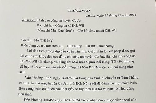 Đắk Nông: Người dân gửi thư cảm ơn cán bộ Công an xã biên giới Đắk Wil có việc làm nhân văn vì Nhân dân phục vụ