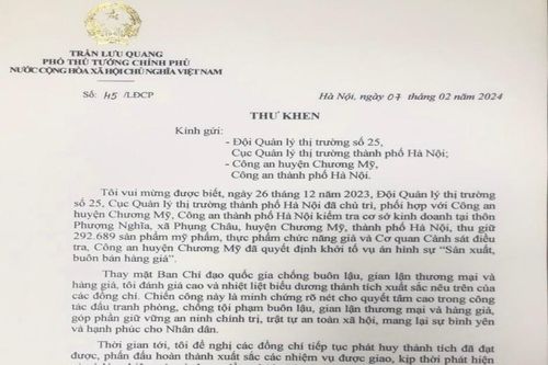 Phó Thủ tướng Trần Lưu Quang gửi thư khen Công an Hà Nội