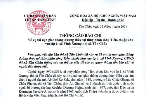 UBND TX. Tân Châu thông tin vụ tai nạn giao thông đường thủy xảy ra ở thủy phận sông Tiền
