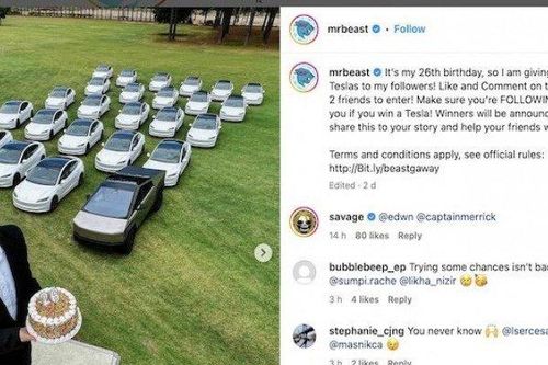 YouTuber MrBeast tặng 26 xe điện Tesla cho fan: Chỉ cần 'comment' và 'tag' 2 người