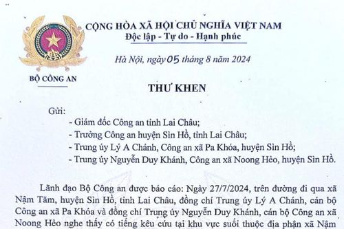 Bộ trưởng Bộ Công an gửi thư khen cán bộ Công an Lai Châu