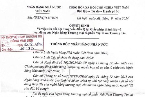 Vietbank thông báo sửa đổi nội dung vốn điều lệ tại Giấy phép thành lập và hoạt động