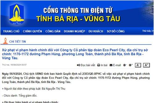 Công ty Eco Pearl City bị phạt 320 triệu đồng vì xây dựng dự án không có giấy phép môi trường